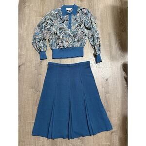 Vtg Castleberry London Pleated Skirt Suit Sz 12 Blue Knit Cats Made In USA